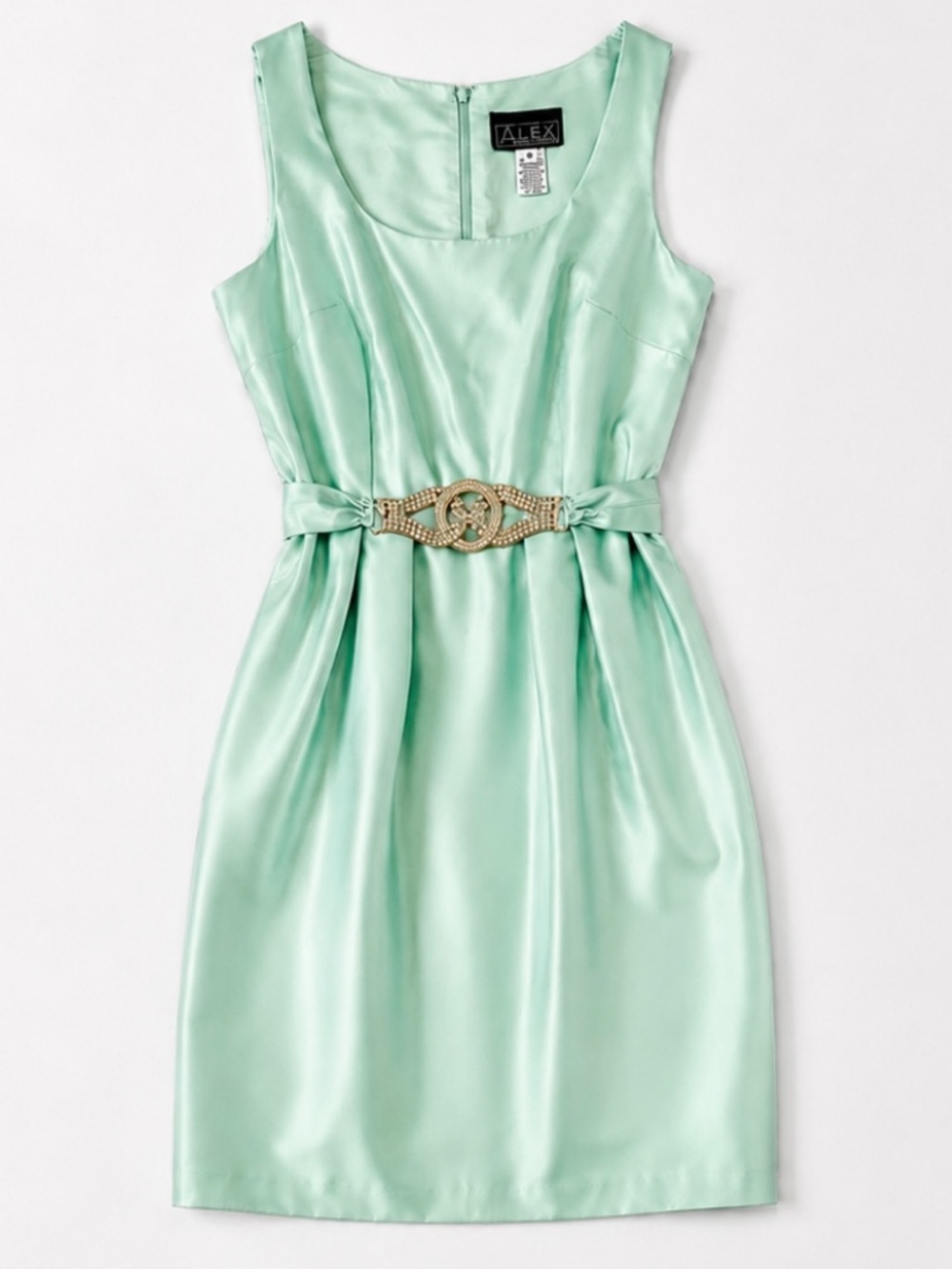 Alex Evenings Mint Green Satin Cocktail Dress Rhinestone Belt Pockets Sz 10